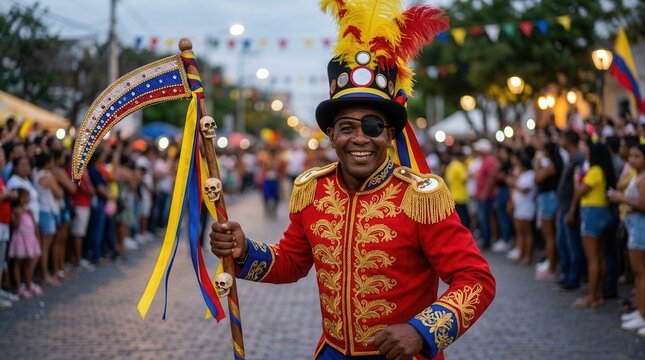 Colombia's Carnival of Barranquilla with a traditional Garabato dancer holding a scythe