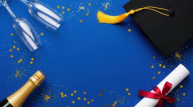 Symbolizing celebration and achievements with a vertical setup of a champagne bottle, graduation cap, confetti, and diploma