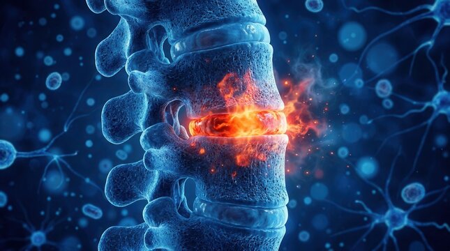 Medical illustration showing chronic back pain and spinal disc degeneration