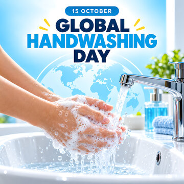 Global Handwashing Day Poster Showing Hands Washing with Soap Under Running Tap Water