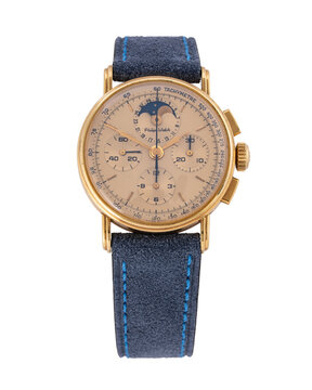 Philip Watch hand-wound chronograph, Chrono Calendar model, reference 8882, 18kt yellow gold case with stepped case and champagne dial. Milan, Italy, September 11, 2025.