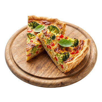 Savory Vegetable Quiche Slices with Broccoli and Peppers on Wooden Board