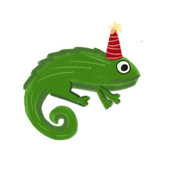 green chameleon with birthday hat © Dzulaika