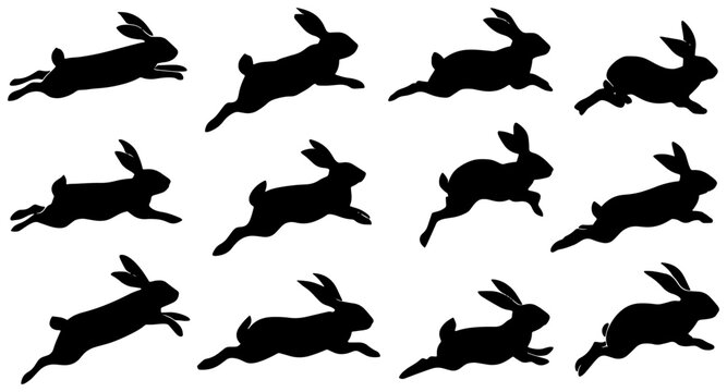 Running Rabbit Silhouettes, 12 Motion Sequence Icons, Black Animal Vector Graphics for Spring, Easter, and Wildlife Concepts