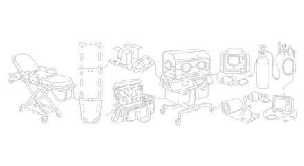 Obraz premium Medical Equipment Collection, Emergency Rescue Gear Set, Hospital Transport Devices, Neonatal Care Incubator, Oxygen Therapy Apparatus