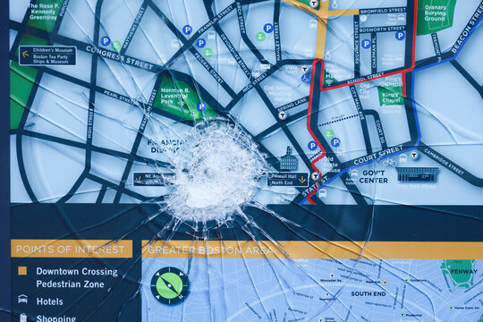 Shattered Glass and Bullet Impact Over a Map of the Greater Boston Area 
