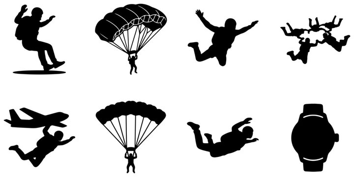 Skydiving Icons Set, Parachuting Vector Graphics, Extreme Sports Silhouettes, Aviation Adventure Collection, Freefall and Landing Graphics