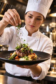 Professional female chef garnishing gourmet plated dish with fresh herbs in restaurant kitchen