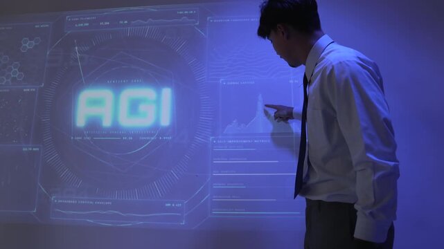 Businessman analyzing artificial general intelligence data interface projected on a screen in an office