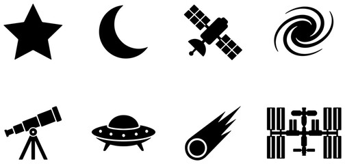 Space Icons Collection: Star, Moon, Satellite, Galaxy, Telescope, UFO, Comet, Space Station - Vector Graphics © Munna