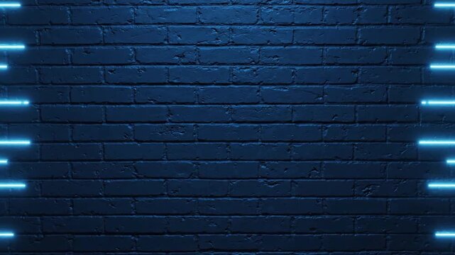 Dark blue brick wall texture with pulsing glowing neon light strips creating rhythmic motion in this digital graphic video animation