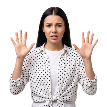 Woman showing hands, worried expression, isolated on transparent background