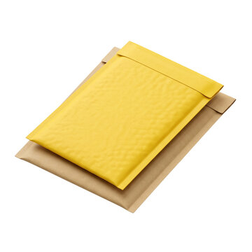 Yellow padded envelope on brown mailer, isolated, shipping, packaging