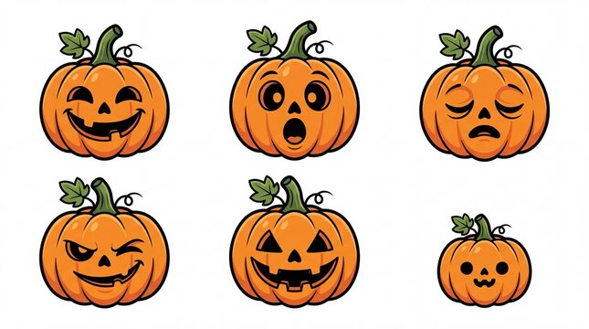 Halloween pumpkin character vector icon set containing carved jack o lantern faces with happy surprised sleepy wink spooky expressions and a small gourd for autumn holiday designs