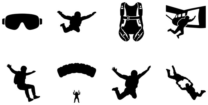 Skydiving Icons Set, Parachuting Vector Graphics, Extreme Sports Silhouette Collection, Adventure Activity Symbols