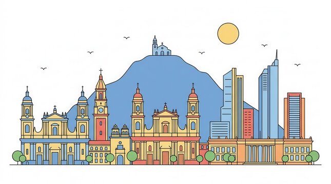 Bogota skyline with famous landmarks showing Monserrate hill
