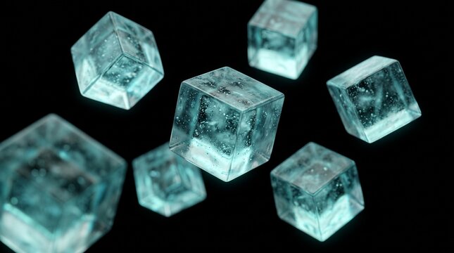 Ice cubes floating in mid air against black background