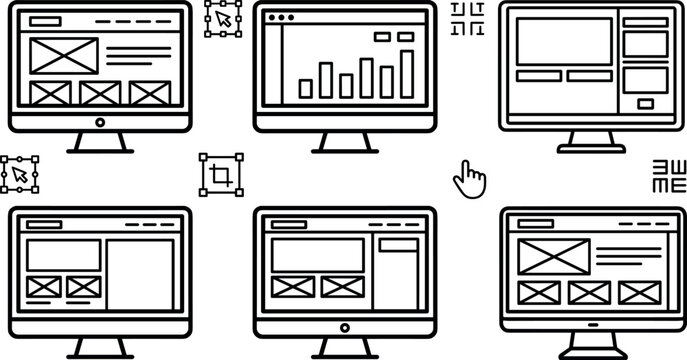 Set of website wireframe icons on computer screens, web design and development interface layout elements, vector illustration