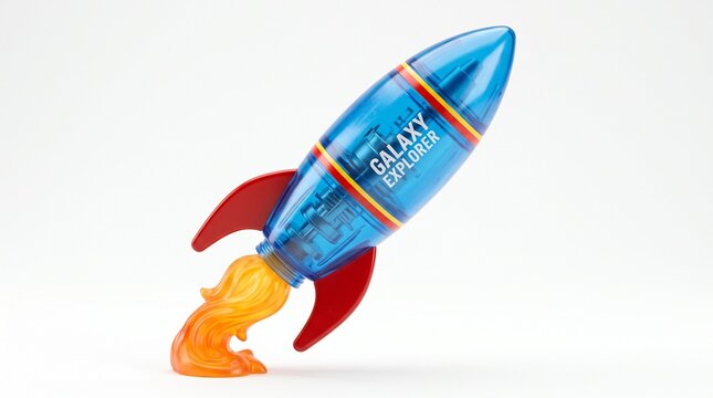 Close-up of a translucent toy rocket launching with smoke in studio setting