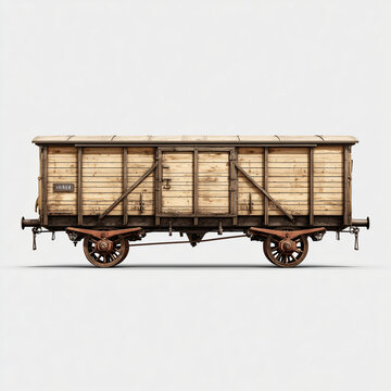 Old wooden weathered railway freight boxcar wagon on steel rails
