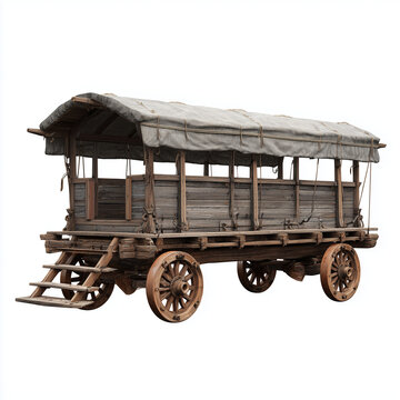 Old vintage wooden railway freight boxcar train composition on rails
