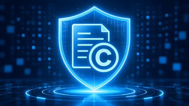 Glowing futuristic neon digital shield containing a document and copyright symbol representing cybersecurity intellectual property protection and online digital rights management