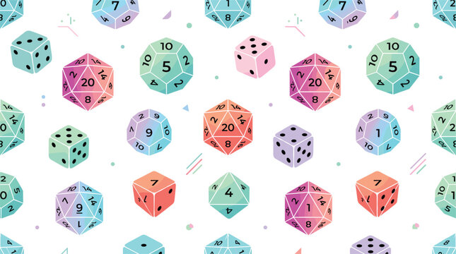 Seamless pattern vector illustration of pastel colored polyhedral roleplaying dice isolated on white background for tabletop gaming.