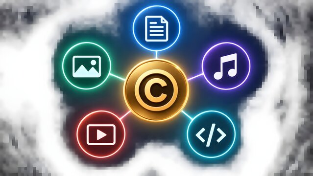 Central golden copyright symbol connecting to glowing digital media icons including video audio code image and documents representing multimedia intellectual property rights