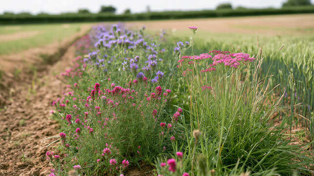 Pink and purple wildflowers growing in a field with tilled soil