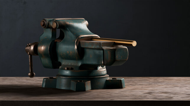 Vintage green vise holding brass rod on wooden workbench