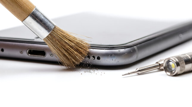 Professional smartphone cleaning with soft brush and precision tools, mobile phone maintenance and dust removal service, electronic device repair