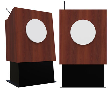 Modern wooden speaker podium or rostrum with round logo plaque and microphone