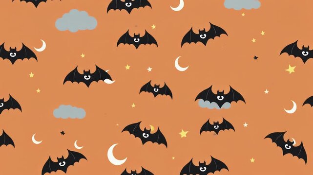 Cute Small Black Bats Flying in Circle Loop on Pastel Orange Background Seamless