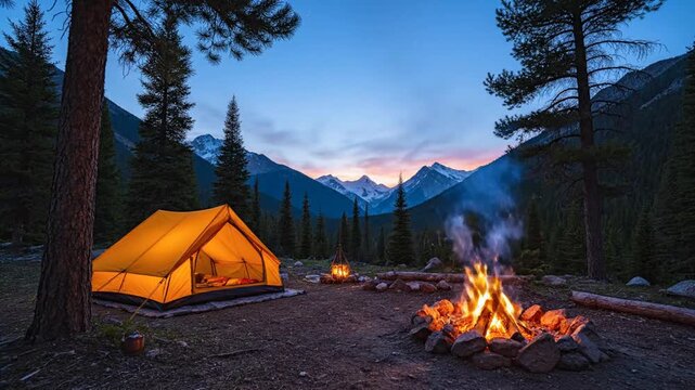 Yellow tent pitched in mountain forest campsite with glowing campfire