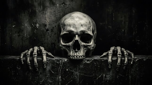 Detailed human skull with bony skeletal fingers resting on a dark worn stone surface edge