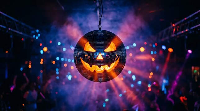 Glowing pumpkin disco ball hanging in dark nightclub with bright colorful lights and atmospheric smoke effects