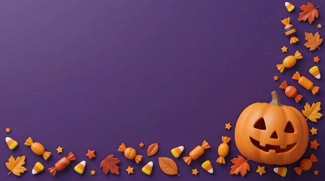 Halloween background with a carved pumpkin and autumn candy border