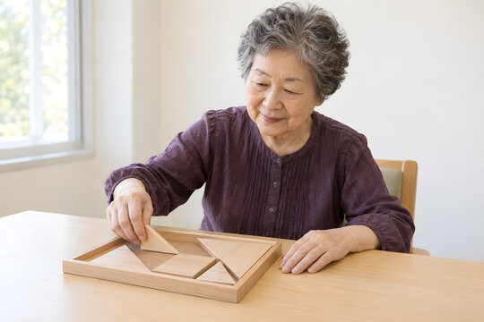 デイサービスで木製パズルを楽しむ日本人高齢女性