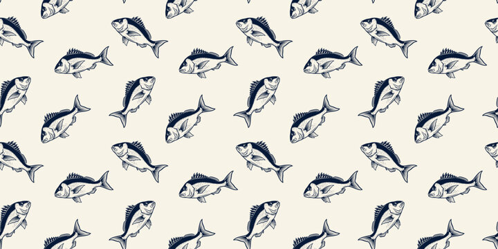 Vintage seafood blue vintage fish seamless pattern hand drawn vector illustration nautical marine background for textile design