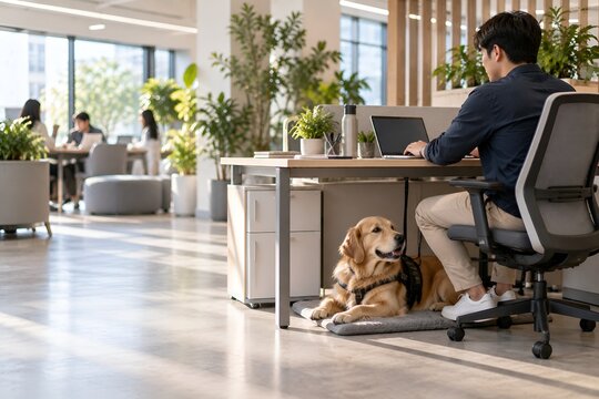Service Dog Resting Under Office Desk Beside Employee, Inclusive Workplace and Employee Wellbeing