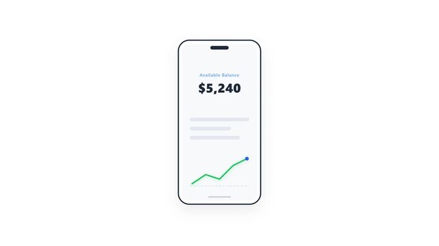 Mobile banking app interface showing account balance and financial growth chart on smartphone