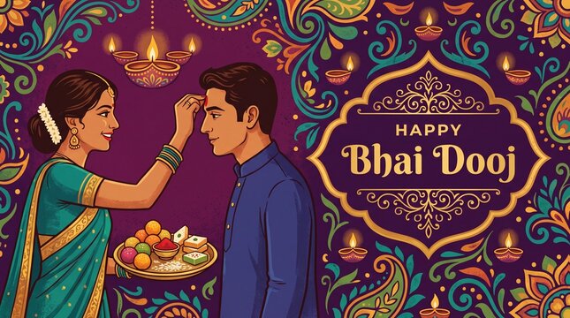 Happy bhai dooj greeting card with traditional sweets and diya lamp illustration