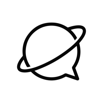 Minimalist black and white line art icon representing a planet with rings combined with a speech bubble
