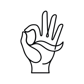 Minimalist line art illustration of a human hand making an okay gesture on a white background