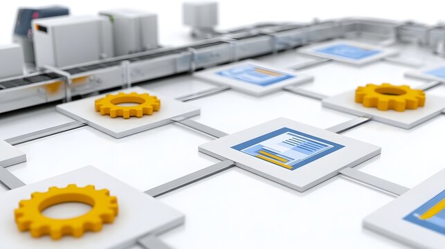 Modern industrial automation system with interconnected modules and gear icons on a clean white grid surface