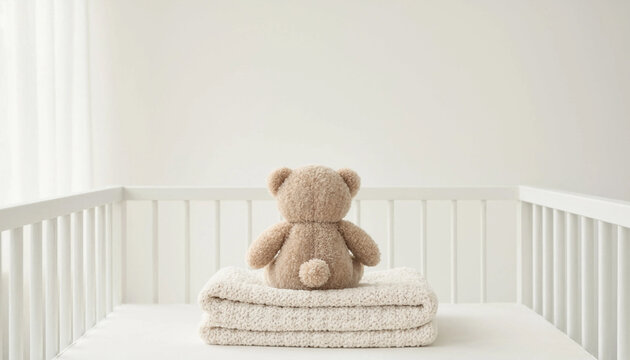 A cute brown teddy bear sitting on a stack of soft folded blankets inside a white nursery crib