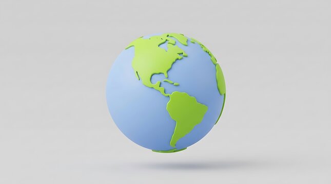 Minimalist three dimensional globe graphic featuring light blue oceans and vibrant green continents on grey background