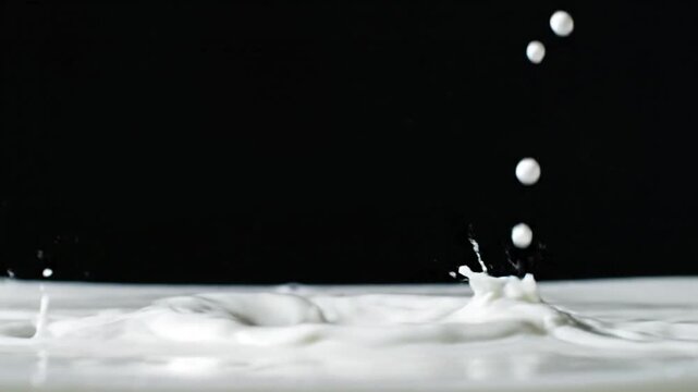 White milk pouring and splashing with dynamic droplets against black