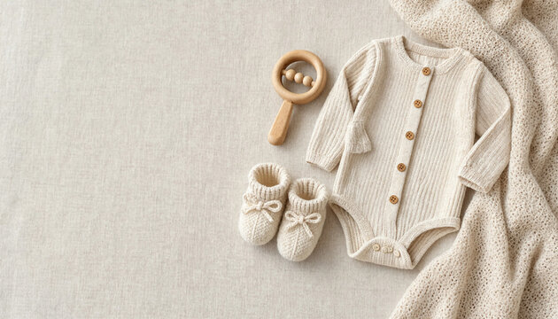 Flat lay of baby clothes and accessories with a knitted bodysuit booties and wooden rattle on beige background