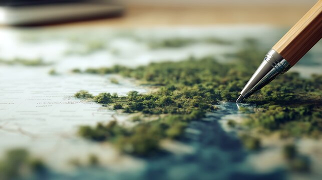 A pen is poised over a detailed map with scattered green moss or foliage, symbolizing planning or exploration.